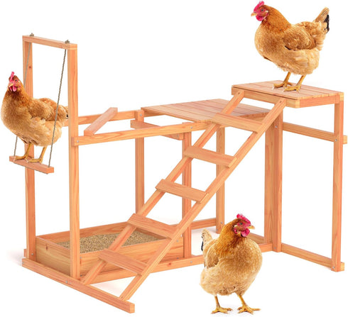 GOJOOASIS Chicken Activity Play Set - Poultry Run with Wood Stand, Ladder,