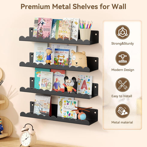 17 Inch 4 Pack, Nursery Book Shelves, Metal Floating Shelves for Wall Scalloped Shelves, Wall Mounted Book Shelf