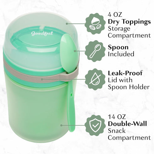 Goodful Double Wall Insulated Yogurt Container - Leak Proof Snack Container with Reusable Spoon, 14-Ounce, Green
