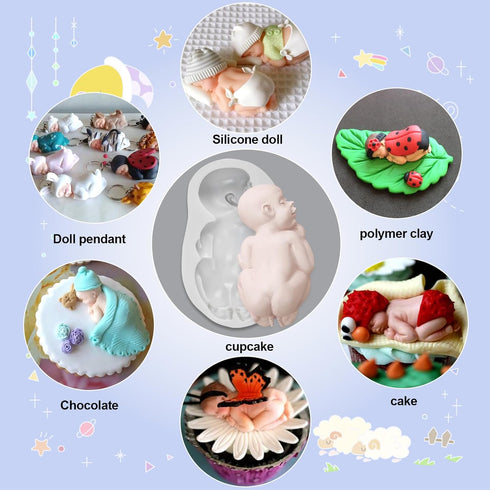 Large Size Newborn Sleeping Baby Mold - Silicone Fondant Cake Decoration Cupcake Toppers for Baby Shower