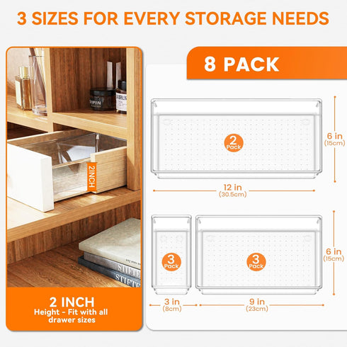 Criusia 8 Pack Large Clear Plastic Drawer Organizer Trays - BPA-Free Acrylic Storage Bins for Bathroom, Kitchen,
