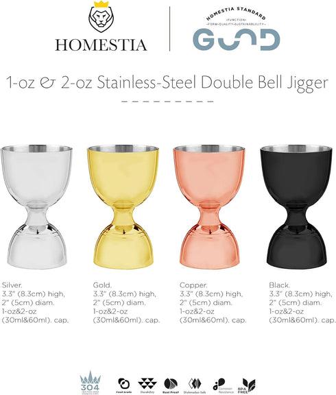 Homestia Double Cocktail Jigger for Bartending with 2 measurement units Inside (OZ&ML), Bell Jigger 2 OZ 1 OZ, 304 Stainless Steel Jigger, Bar Accessories for Bartender (Black)
