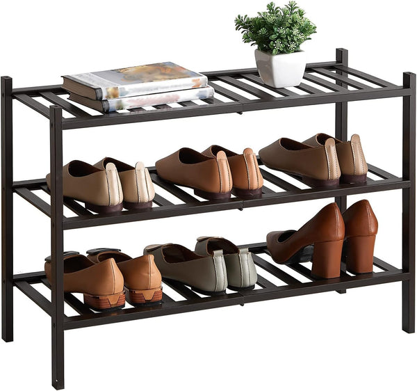 Furshus Shoe Rack, 3-Tier Bamboo Stackable Shoe Shelf Storage Organizer, Shoe Stand for