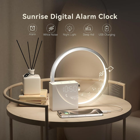 Dimmable Snooze,10 Vivilumens Sunrise Digital Alarm Clock, White Noise Sound Machine, Sleep Aid Timer with USB Port