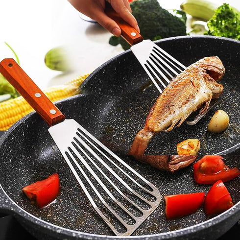 Spatula, Metal Spatulas Set, Stainless Steel Spatula, Fish Spatula Turner Cooking BBQ Grill Griddle Spatula, Metal Spatula for Cast Iron Skillet, Small Wide Kitchen Spatulas with Wood Handle by KLAQQED