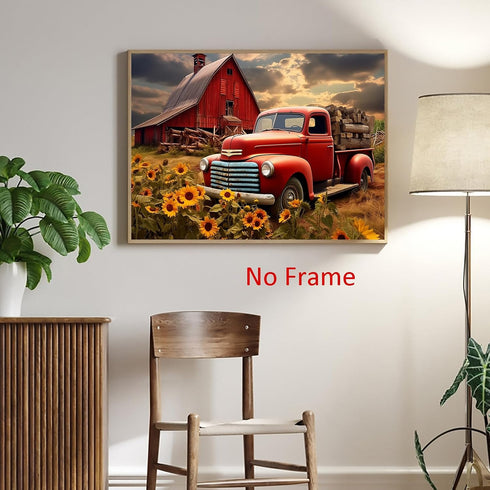 Farmhouse Rustic Pictures, Red Barn Painting Old Truck Poster, Wildflower Landscape Wall Art 16x24in