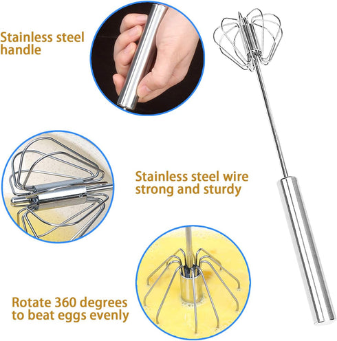 Danish Dough Whisk Kits - 2 Pack Premium Stainless Steel Dutch Whisk & 1 Pack Hand Push Rotary Whisk Blender