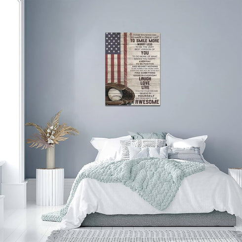 Inspirational Baseball Wall Art - Sport Theme Canvas Prints with American Flag, Motivational Quotes for Home Decor