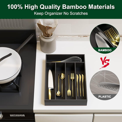 Bellsal Black Utensil Organizer, 10 Inch Silverware Tray for Drawer, Cutlery Organizer with 5 Compartment Small Narrow