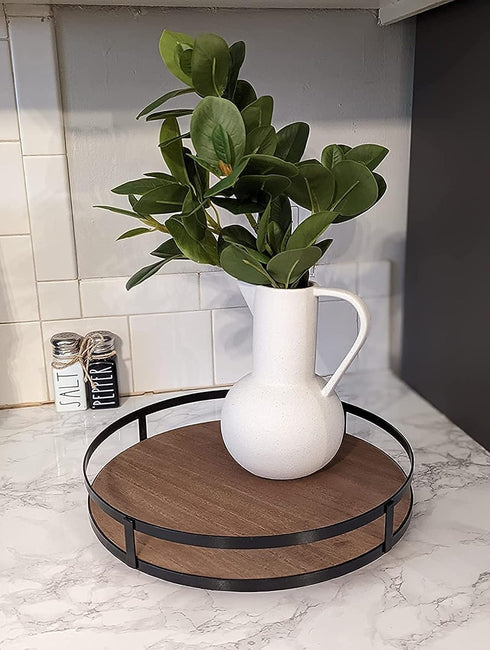 12in Defined Deco Decorative Tray-Round Serving Tray with Metal Handle-Decorative Trays for Home Decor,Living Room