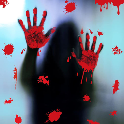 KUUQA 4 Pcs Bloody Handprint Clings - Horror PVC Stickers Decals for Halloween Decorations