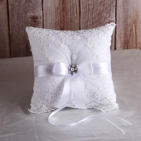 TRUE LOVE GIFT Ring Bearer Pillow and Wedding Flower Girl Basket Set, Pearl Rhinestones White Satin Lace