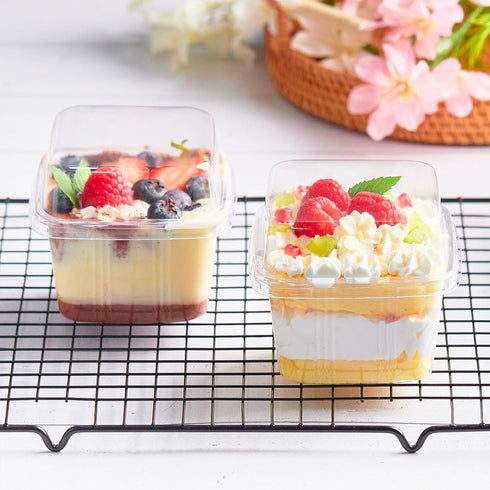 50 Pack 8 oz Kucoele Plastic Dessert Cups with Lids and Sporks, Clear Square Cake Cups Dessert Containers for Pudding