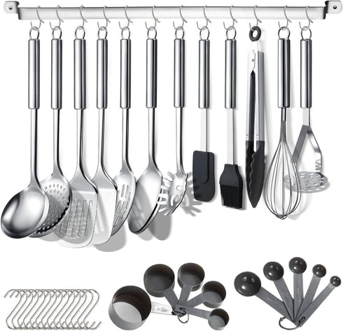 Berglander 38 Pieces Kitchen Utensils Set, Stainless Steel Cooking Utensils with Holder Rack and Hooks for Hanging,