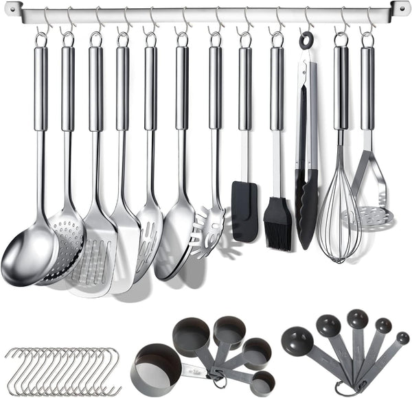 Berglander 38 Pieces Kitchen Utensils Set, Stainless Steel Cooking Utensils with Holder Rack and Hooks for Hanging,