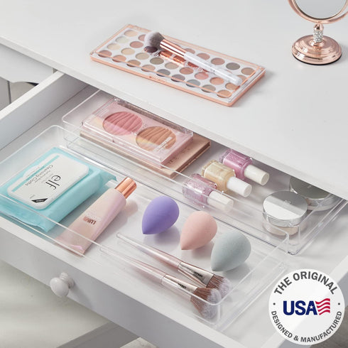 STORi SimpleSort 2-Piece Stackable Clear Drawer Organizer Set | 15" x 6" x 2" Rectangle Trays | Wide Makeup Vanity Storage Bins and Office Desk Drawer Dividers | Made in USA by STORi