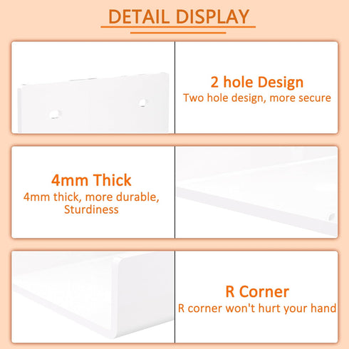 5 Inches 2 Pack, U Shape White Acrylic Wall Shelves Acrylic Small Shelves for Books, Home Dcor, Digital Clock, Speaker
