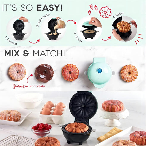 Cake Maker, Mini Donut Maker, Waffle Maker, Non-stick Surface, Double-sided Heating, Azure