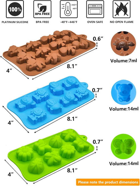 Candy Chocolate Molds Silicone, Non-Stick Animal Jello Moulds, BPA Free Forest Theme Set of 6 with Dinosaur, Bear,
