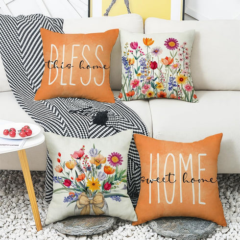 Set of 4 Spring Summer 18x18 Throw Pillow Covers, Floral Farmhouse Cushion Cases for Outdoor Home Decor Sofa Couch