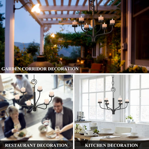 Set 6 smtyle Black Outdoor Chandelier for Gazebo of Tealight Candle Metal Wall Sconce for Hanging Decoration