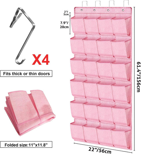 Pink Shoe Organizer Over the Door for Girls Women Kids Room,Hanging Shoe Rack Organizer for Closet Door,Zapateras Storage Holder with 24 Large Pockets & 4 Sturdy Hooks for Shoes,Slippers by homyfort