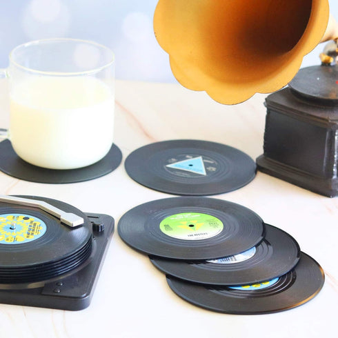 Funny Retro Record Coasters for Drinks, Set of 6 Vinyl Player Holder for Music Lovers, Conversation Piece Drink Coasters