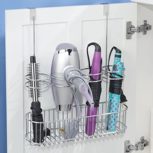 mDesign Metal Over Door Bathroom Hair Care & Styling Tool Organizer, Storage Basket for Hair Dryer, Flat Irons, Curling