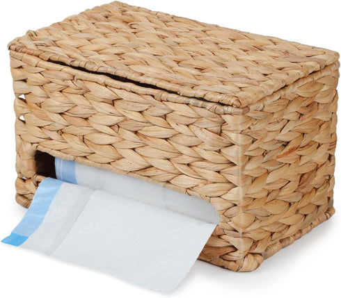 YANGQIHOME Trash Bag Dispenser with Lid, Water Hyacinth Plastic Bag Holder &