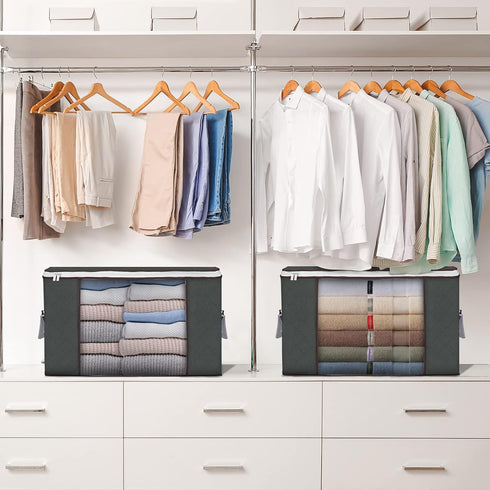 Large Storage Bags 2 Pack - Foldable Closet Organizers with Durable Handles for Blanket Comforter Clothing 90 L