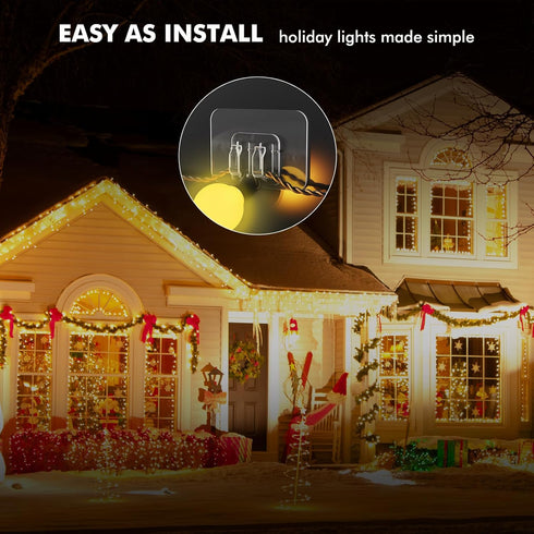Hooks for Outdoor String Lights, 100 Pack with Adhesive Strips, No Damage, Waterproof and UV-Resistant