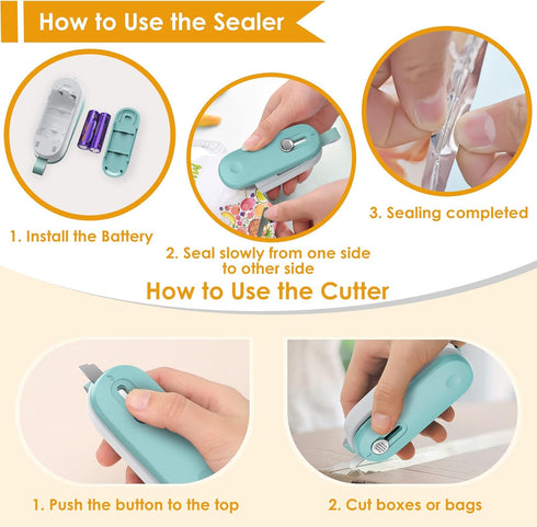 Mini Bag Sealer, 2 in 1 Heat Seal with Cutter and Lanyard, Portable Resealer Machine for Plastic Snack Bags (Batteries