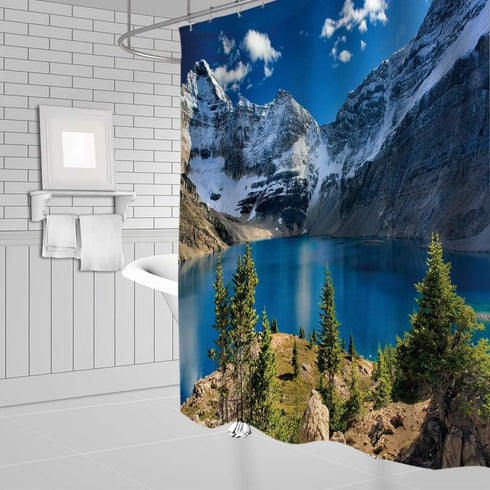 Mountain Lake Shower Curtain with Scenic Print, Blue Sky and White Cloud, Bathroom Decor Set with Hooks (70" W x 70" H)