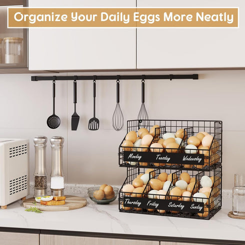 Countertop 5 2-Tier keomaisyto Egg Holder with Dividers & DIY Labels to Separate Eggs, Stackable Wire Baskets, XXL Egg