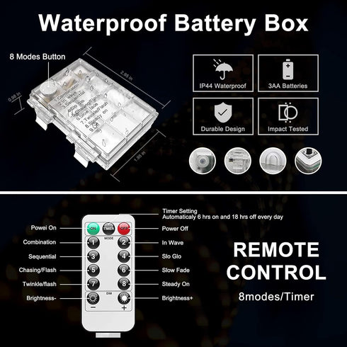 2 Pack 200 8 JMEXSUSS Battery Operated String Lights Outdoor, Total LED Modes Battery Powered Rope Lights with Remote