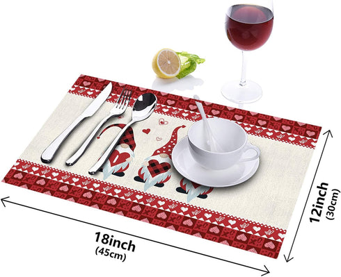 Stylish Placemats for Dining Table Decor, Cute Gnome I Love U Valentine's Day Non-Slip Table Mat, Set of 4