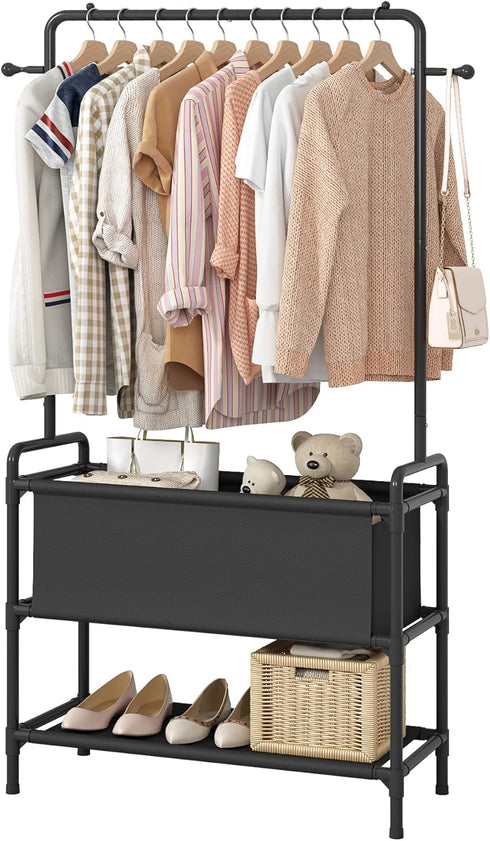 Calmootey Clothing Rack with Storage Bag, 3-in-1 Garment Rack for Bedroom, Hallway, Entryway, Black