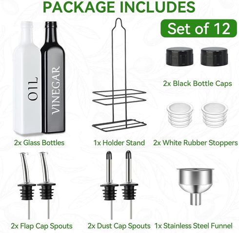 Set 17oz/500ml, Vakoo Oil and Vinegar Dispenser - Extra Thick Glass, Leak-Proof, Olive Oil Dispenser Bottle for Kitchen