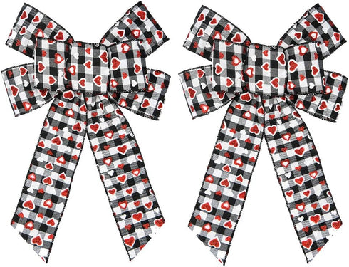 Hying 2 PCS Valentine's Day Bows for Wreath, Black White Buffalo Plaid Bows with Glitter Red Heart Bow for Party