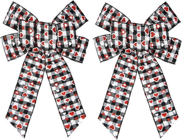 Hying 2 PCS Valentine's Day Bows for Wreath, Black White Buffalo Plaid Bows with Glitter Red Heart Bow for Party