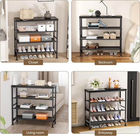 4-Tier Mavivegue Shoe Rack Organizer, Metal Shoe Storage with Non-Woven Fabrics Shelves and Wooden Top Board, Shoe Rack