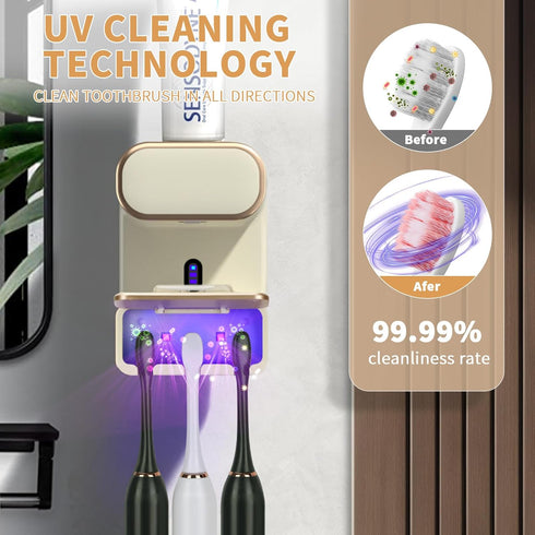 3 Automatic Electric Toothpaste Dispenser, Wall Mounted with Toothbrush Slots, for Kids and Adults (Beige)