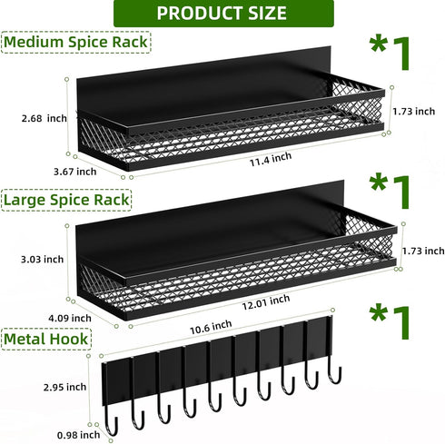 Magnetic Spice Rack for Refrigerator, 3 Pack Moveable Magnetic Shelf with 10-Hook Rack for Kitchen Organizers