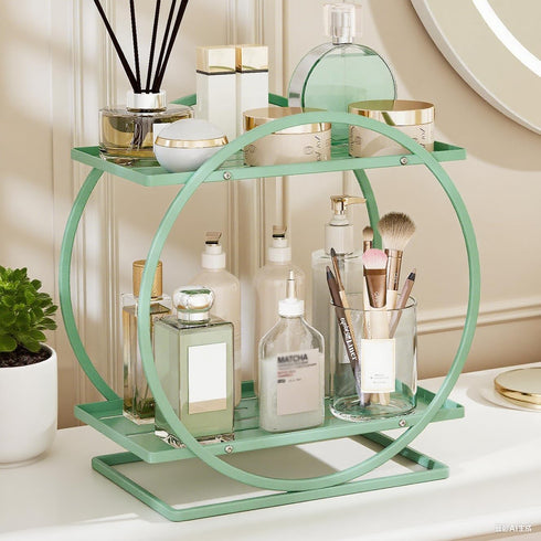 2-Tier Counter Countertop Green Perfume Organizer for Dresser, Bathroom Organizers, Elegant Round Makeup Organizer