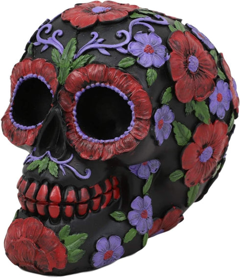 Ebros Black Day of The Dead Sugar Skull Figurine, 6" Long Floral Blooms Statue, Halloween Macabre Decor Collectible
