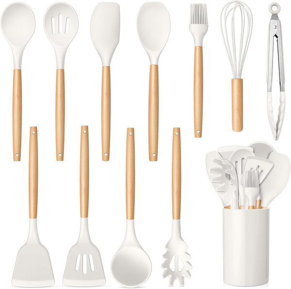 TeamFar Cooking Utensils Set, 12 Pcs Silicone Kitchen Gadgets for Nonstick Cookware, Wooden Handle Spatula Spoon