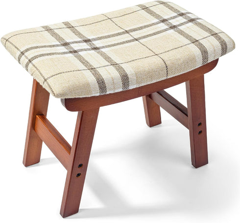 BAMBOO LAND- Bamboo Foot Stools Ottoman, Beige Cushion & Brown Wood Legs,