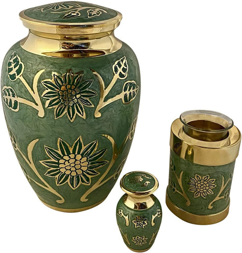 Large Green Garden Brass Cremation Urn | Unique Funeral Urn with Gold & Green Enamel Details