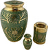 Large Green Garden Brass Cremation Urn | Unique Funeral Urn with Gold & Green Enamel Details