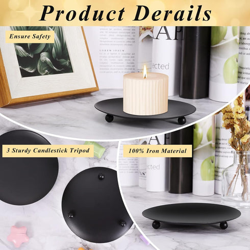 8PCS Black Iron Plate Candle Holder - 4'' Stand Plate for LED & Wax Candles, Decorative Pillar Candle Plate for Weddings